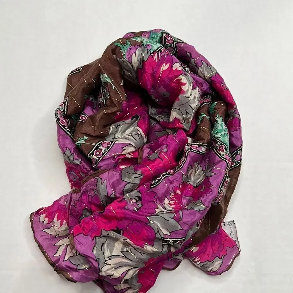 Oscar De la Renta brown and purple silk scarf with metallic details